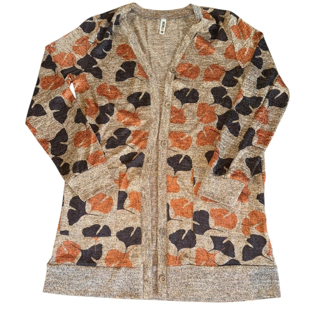 Womens Cardigan Sweater Long Sleeve Ginkgo‎ Leaf Print Button Up